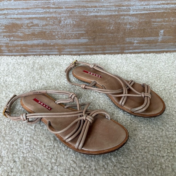 Prada Knotted Leather Sandals Boho Gladiator Preppy Casual Tan Western Womens 6 - Picture 1 of 10